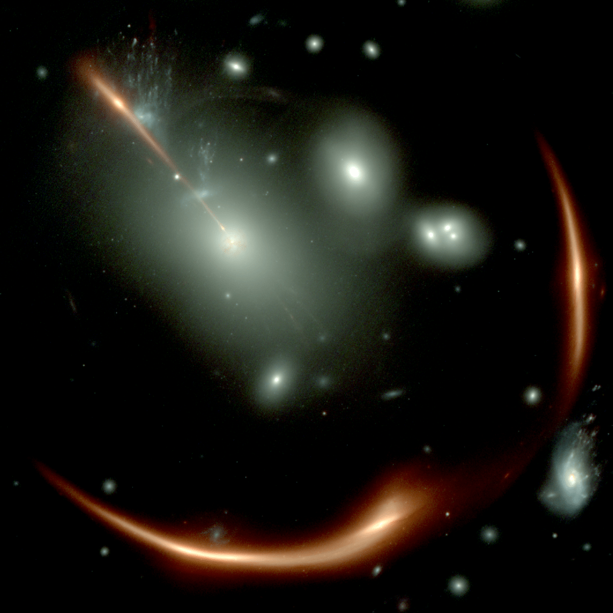 Una imagen oscura del espacio con manchas blancas, casi verdes, al frente. También se ven dos rayas naranjas en primer plano.