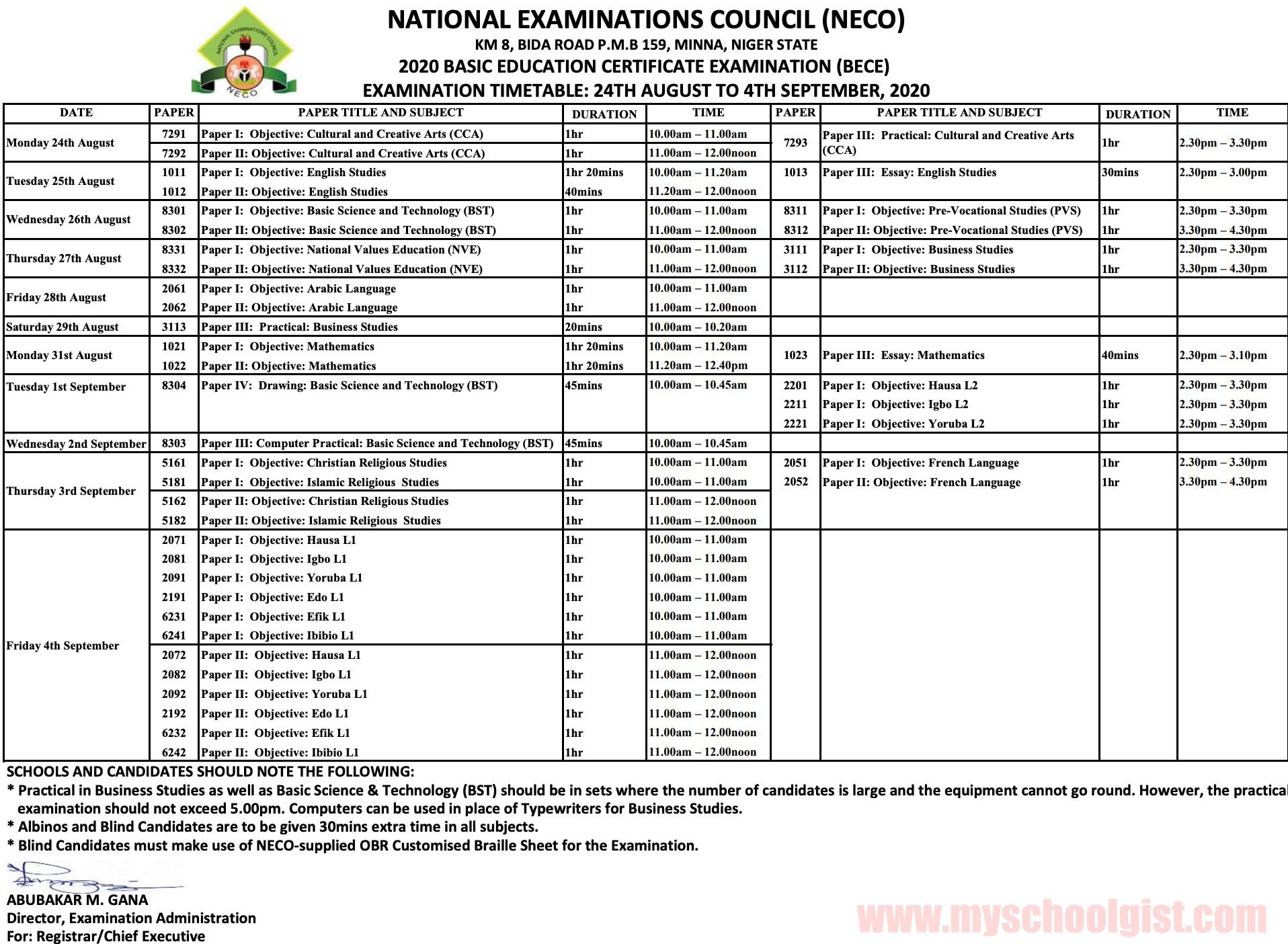 2020 Neco Bece Timetable For Jss3 Candidates Real Mina Blog