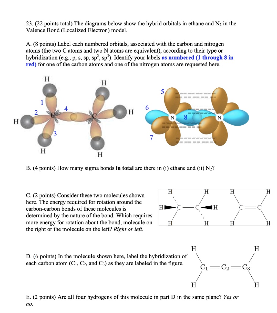 Solved 23 22 Points Total The Diagrams Below Show The Hybrid Orbitals In Ethane And Nz In The Valence Bond Localized Electron Model Points Label Cach Numbered Orbitals Associated With The Carbon