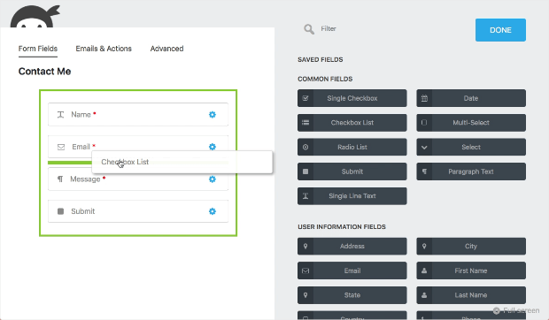 If you install jetpack which is a product of automattic/wordpress you will then have the form feature you mention in the link you provided. 9 Best Wordpress Contact Form Plugins To New Leads Faster