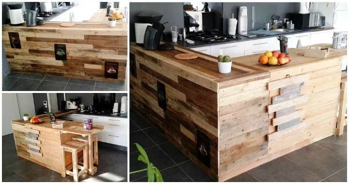 How can i modernize this dark woody kitchen without painting the . Pallet Kitchen Counter with Breakfast Table & Storage