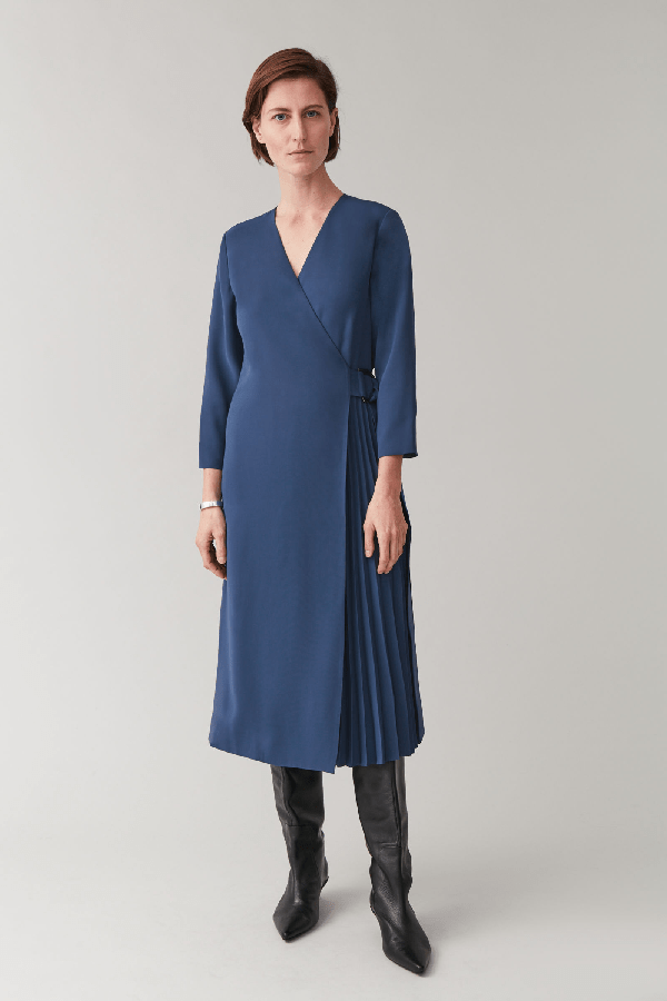 Cos pleated cotton dress size xs. Shop Cos Pleated Wrap Dress In Blue