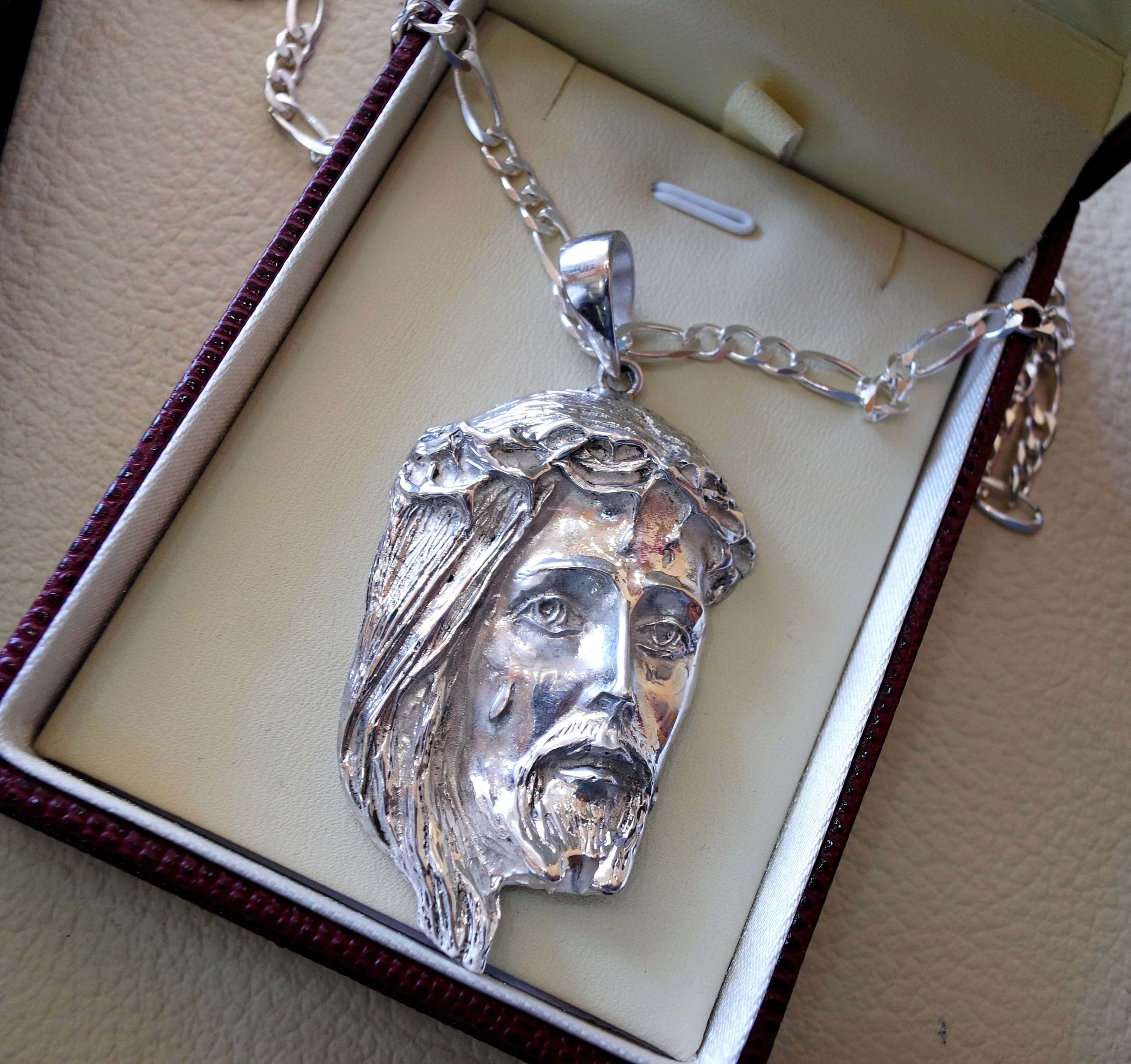 Jesus Christ Face Head Huge Pendant And Chain Sterling Silver 925 Midd Abu Mariam Jewelry