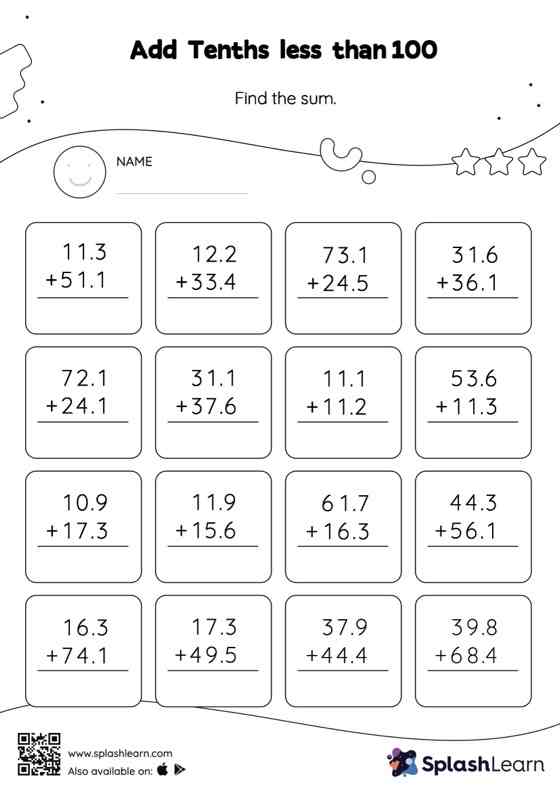 add tenths less than 100 vertical addition math worksheets splashlearn