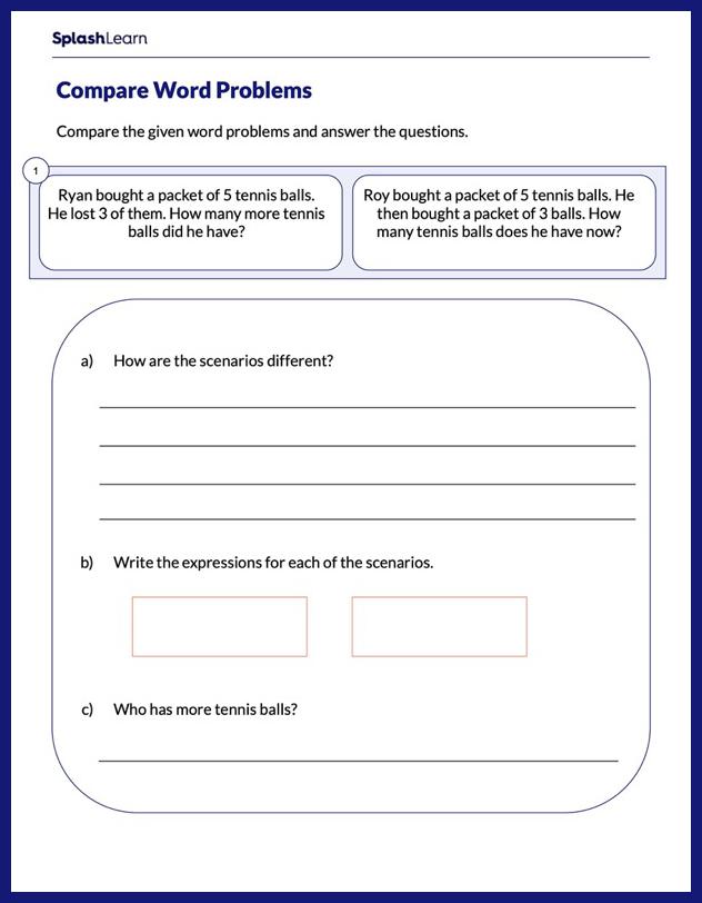 compare the given word problems math worksheets splashlearn