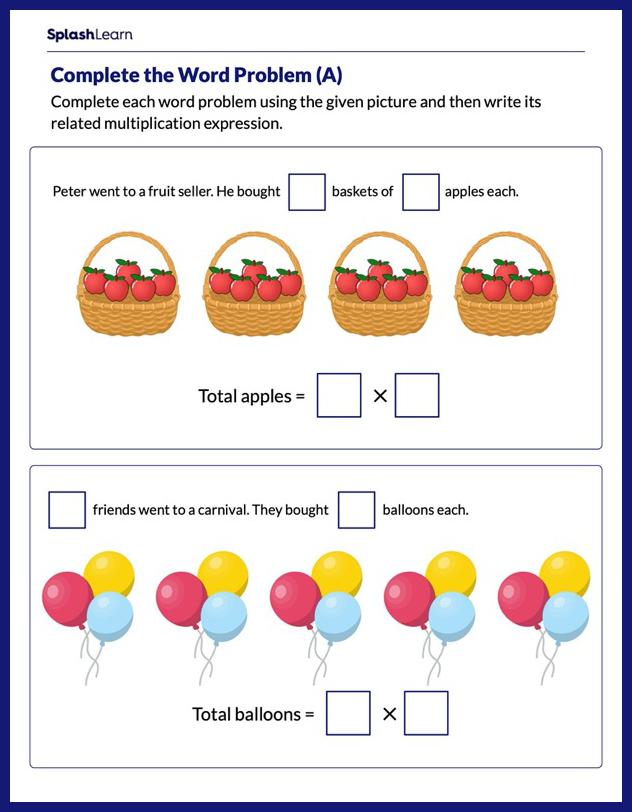 complete the word problem for equal groups math worksheets splashlearn