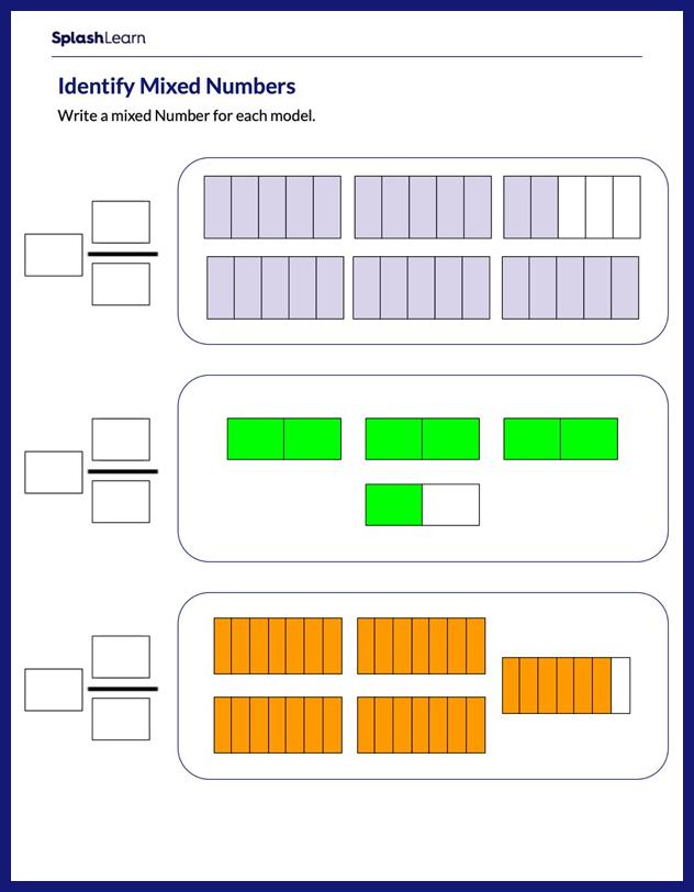 identify mixed numbers represented by the model math worksheets splashlearn