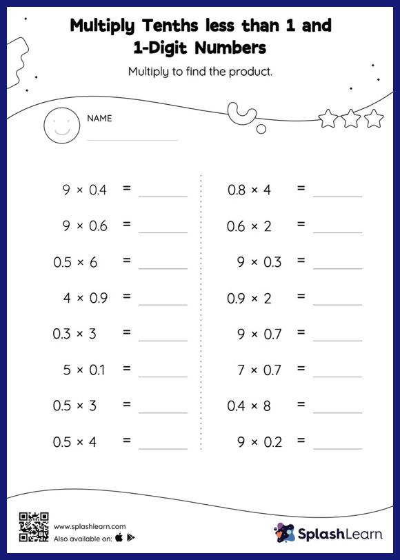 multiply tenths less than 1 and 1 digit numbers horizontal multiplication math worksheets splashlearn
