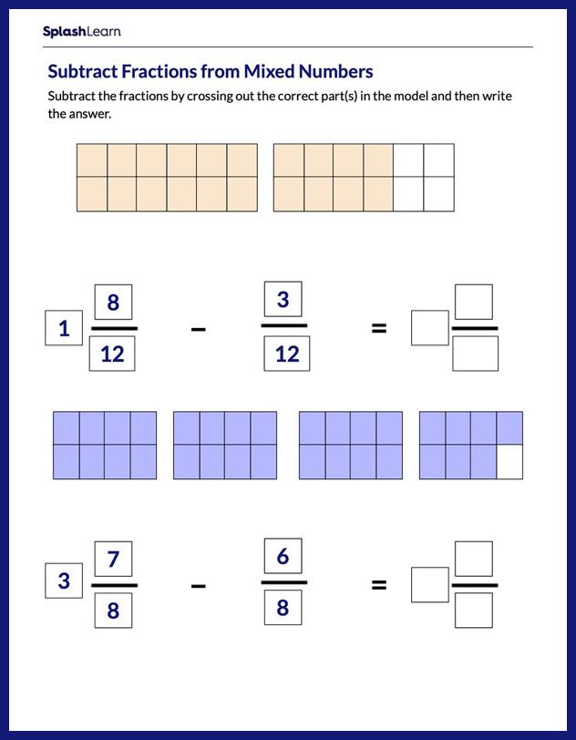 subtract fractions from mixed numbers using models math worksheets splashlearn