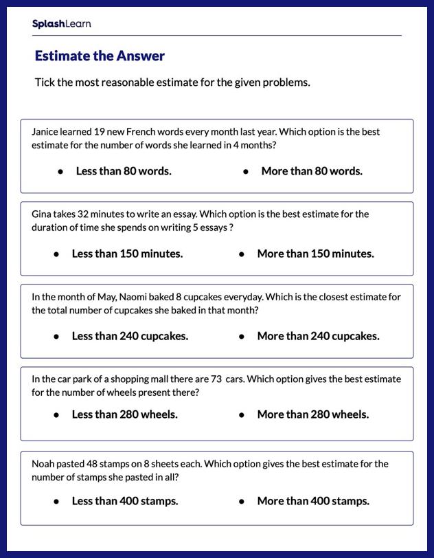 tick the estimated answer math worksheets splashlearn