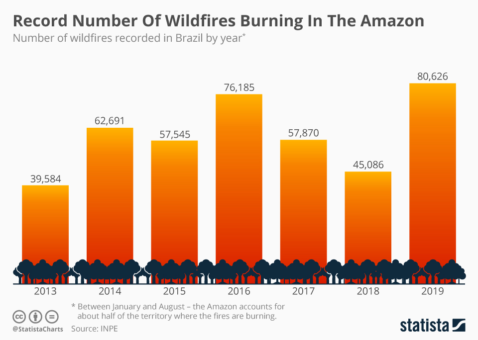 In the first four months of 2021, deforestation in the brazilian amazon totaled 1,157 square kilometers, an area nearly the size of los angeles . Chart Record Number Of Wildfires Burning In The Amazon Statista