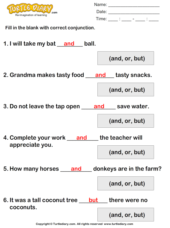 fill in the blanks using conjunctions worksheet turtle diary