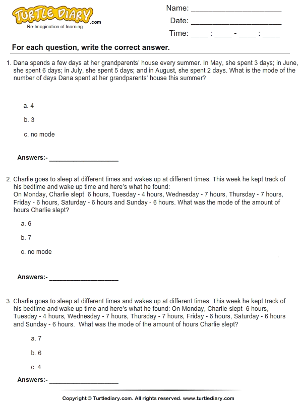 word problems on mode turtle diary worksheet