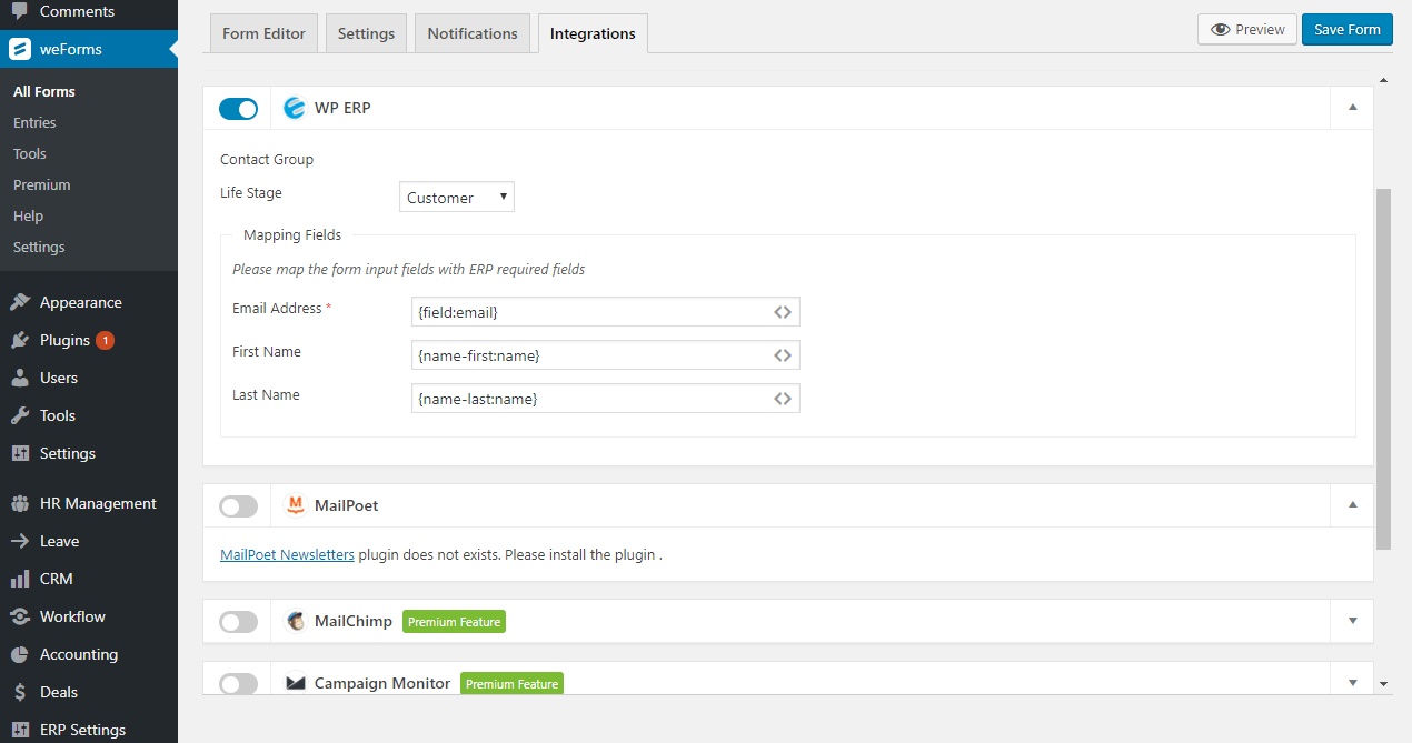Integrate weForms into WPERP