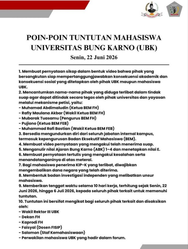 Ini 10 Tuntutan BEM FH UBK usai Viral Pengakuan Mahasiswa Terima Uang setelah Bertemu Wapres Gibran