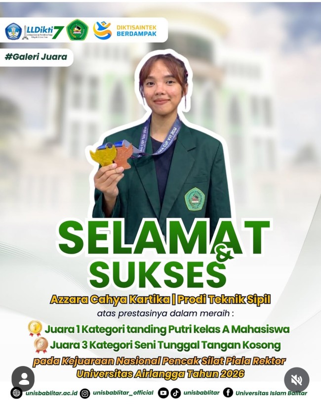 Mahasiswi Teknik Sipil Unisba Blitar Sabet Dua Medali di Kejurnas Pencak Silat Piala Rektor UNAIR 2026