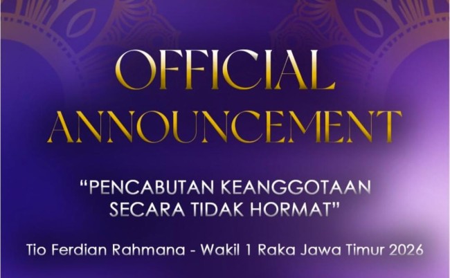 Terbukti Langgar Kode Etik, Keanggotaan dan Gelar Wakil 1 Raka Jatim Tio Ferdian Dicabut Tidak Hormat