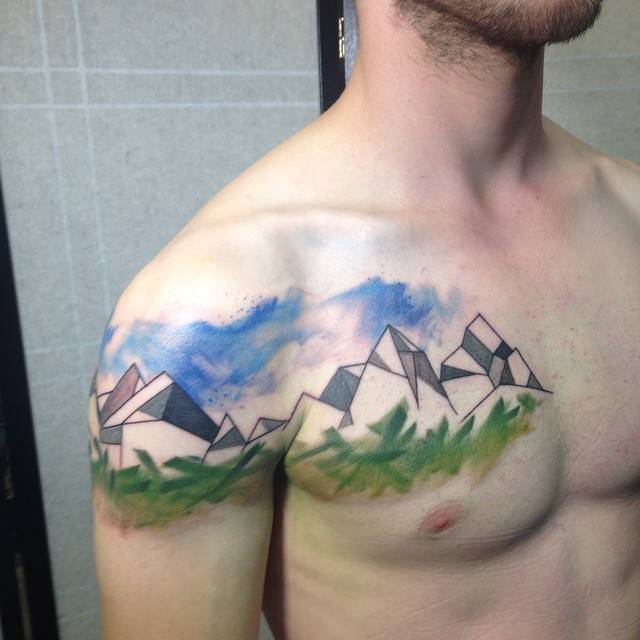 Cubist Mountain Range Tattoo On Chest And Shoulder. 640_x_640_jpg