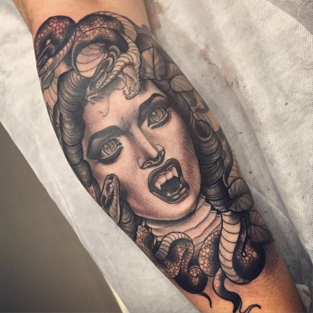 Neotraditional Medusa Tattoo On The Left Calf. 1000_x_1000_jpg