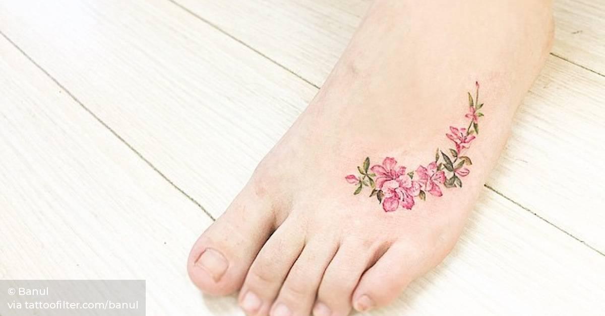 Watercolor Style Apple Blossom Tattoo On The Left Foot. 628_x_1200_jpg
