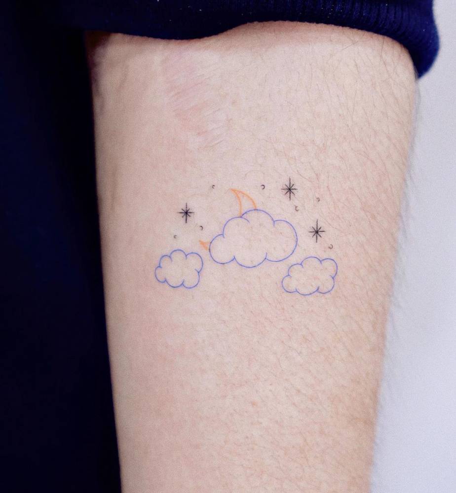 Cloud, Stars And Moon Tattoo In Fine Line 1000_x_924_jpg