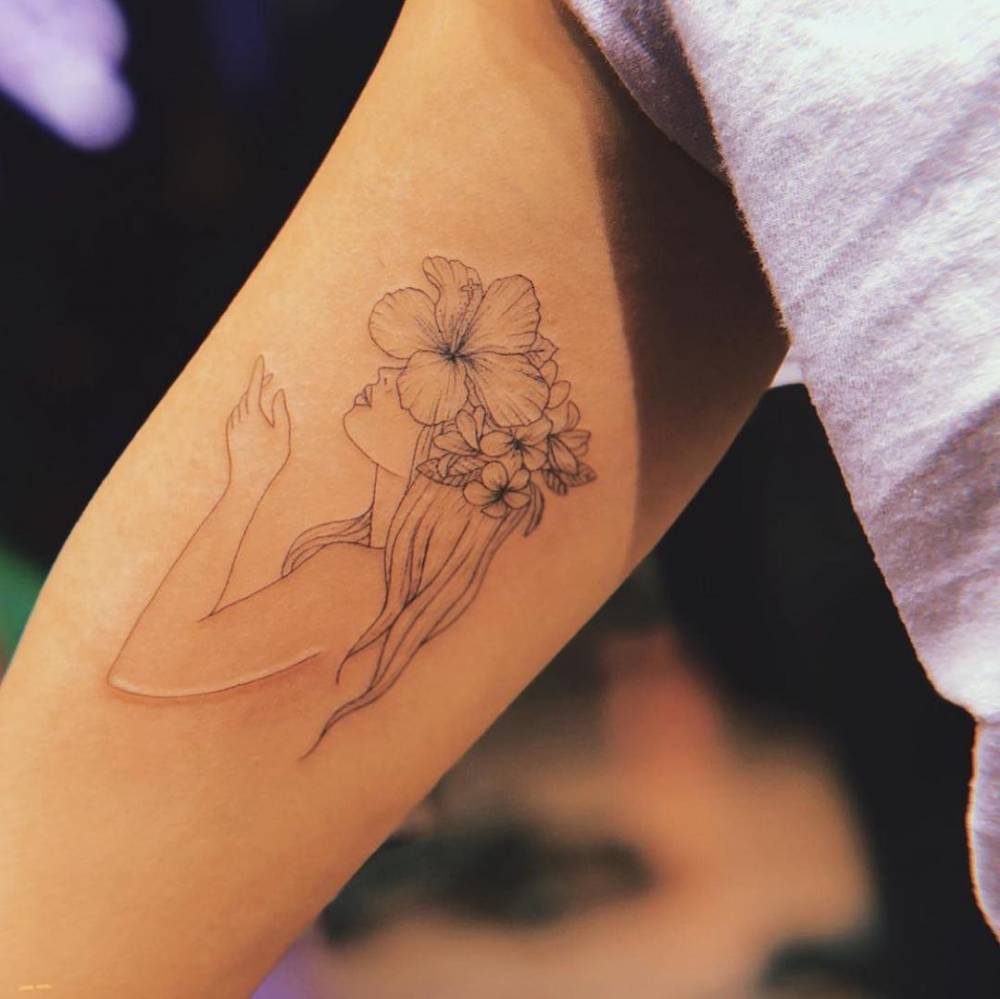 Fine Line Flower Head Woman Tattoo On The Inner Arm. 999_x_1000_jpg