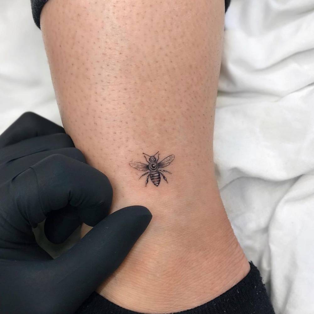 Fine Line Bee Tattoo On The Ankle. 1000_x_1000_jpg