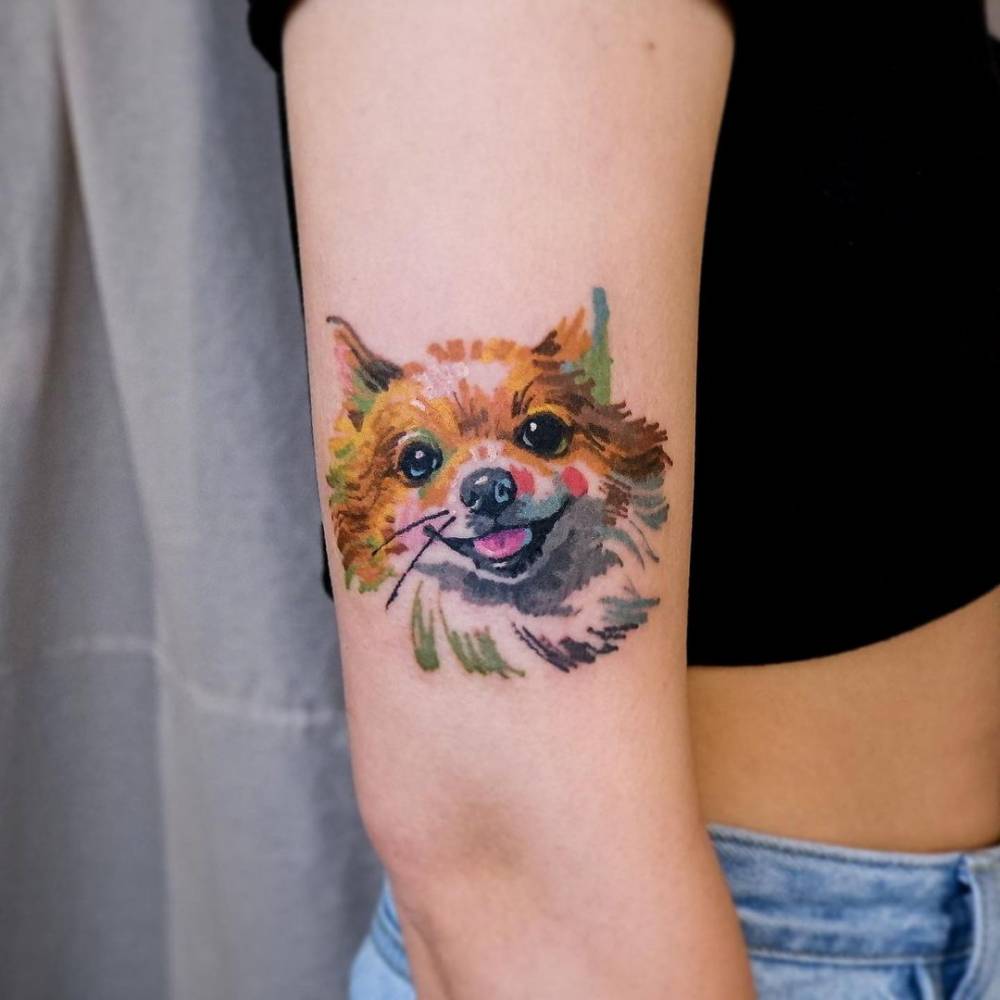 Watercolor Pomeranian Tattoo On The Upper Arm. 1000_x_1000_jpg