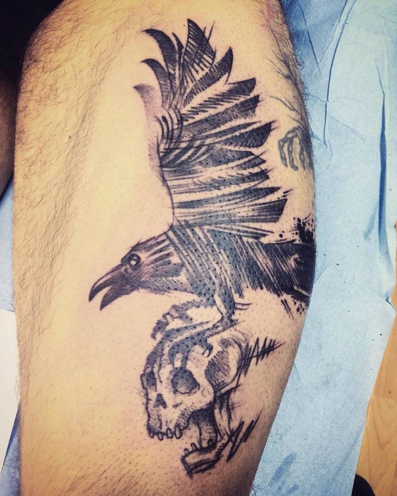 Sketch Work Raven Tattoo On The Thigh. 1000_x_800_jpg