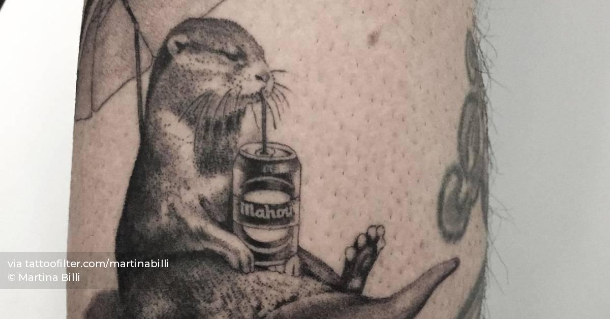 Micro-Realistic Otter Drinking Beer Tattoo On The Calf. 628_x_1200_jpg