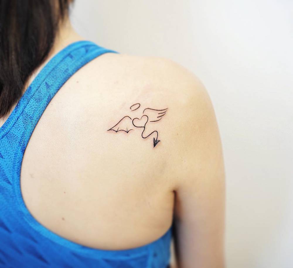Minimalist Angel And Devil Heart Tattoo On The Shoulder 916_x_1000_jpg