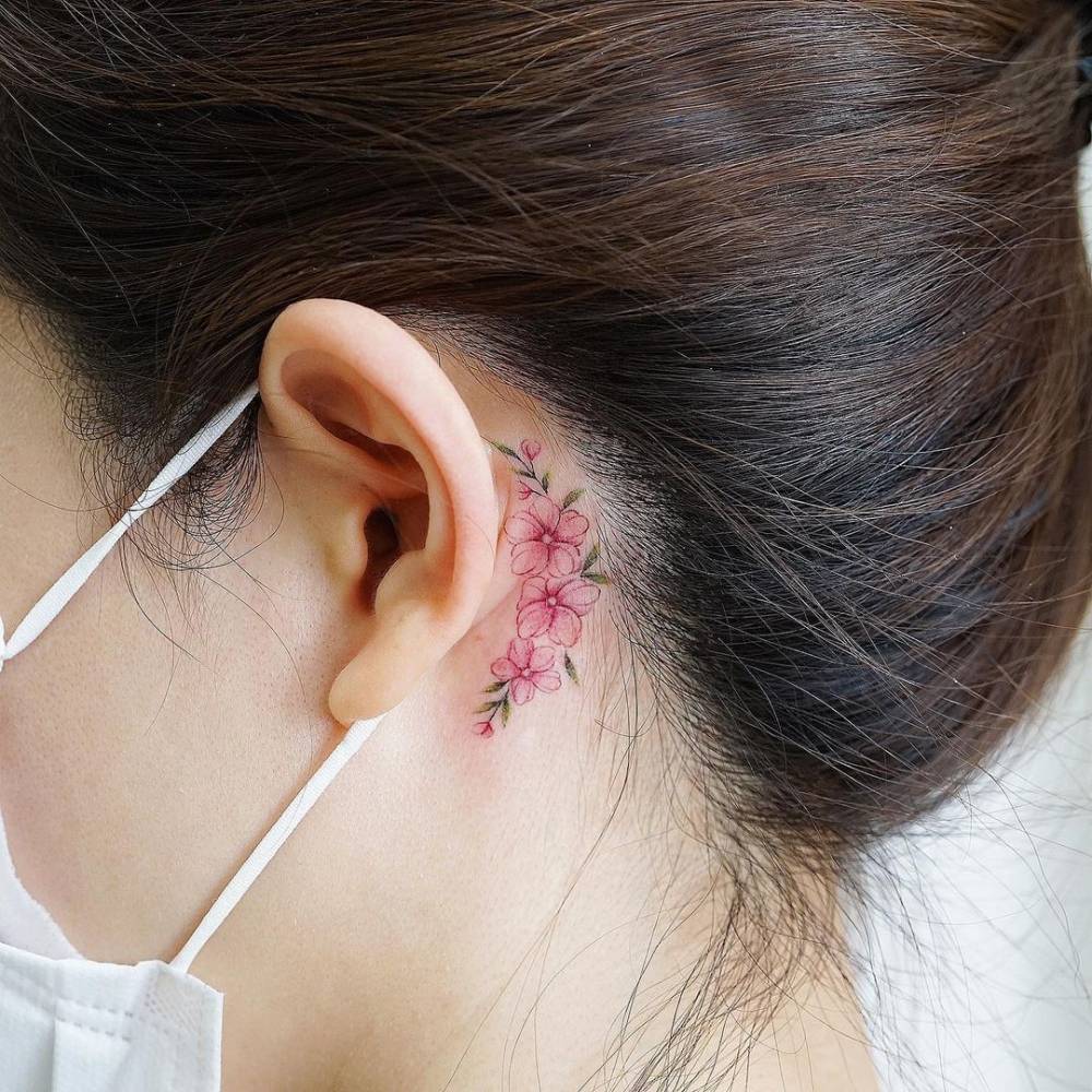 Watercolor Cherry Blossom Tattoo Behind The Ear. 1000_x_1000_jpg