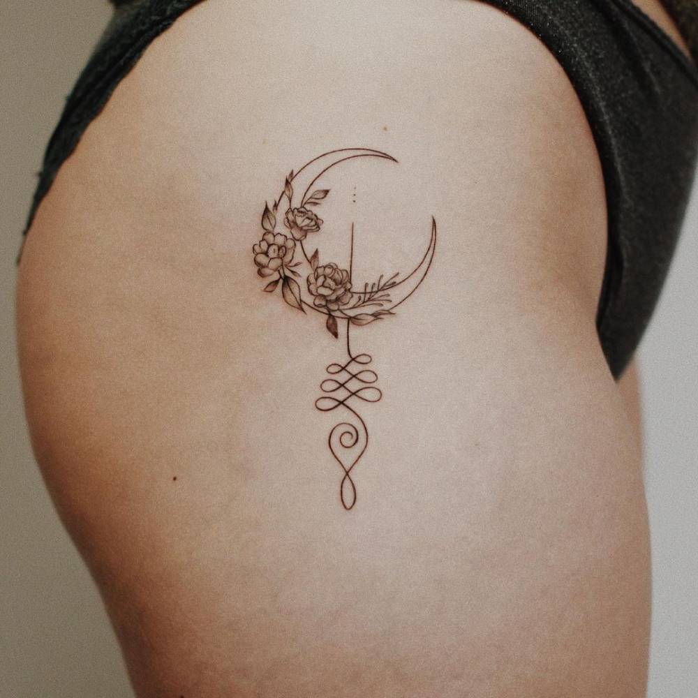 Fine Line Flower Moon And Unalome Tattoo On The Hip. 1000_x_1000_jpg