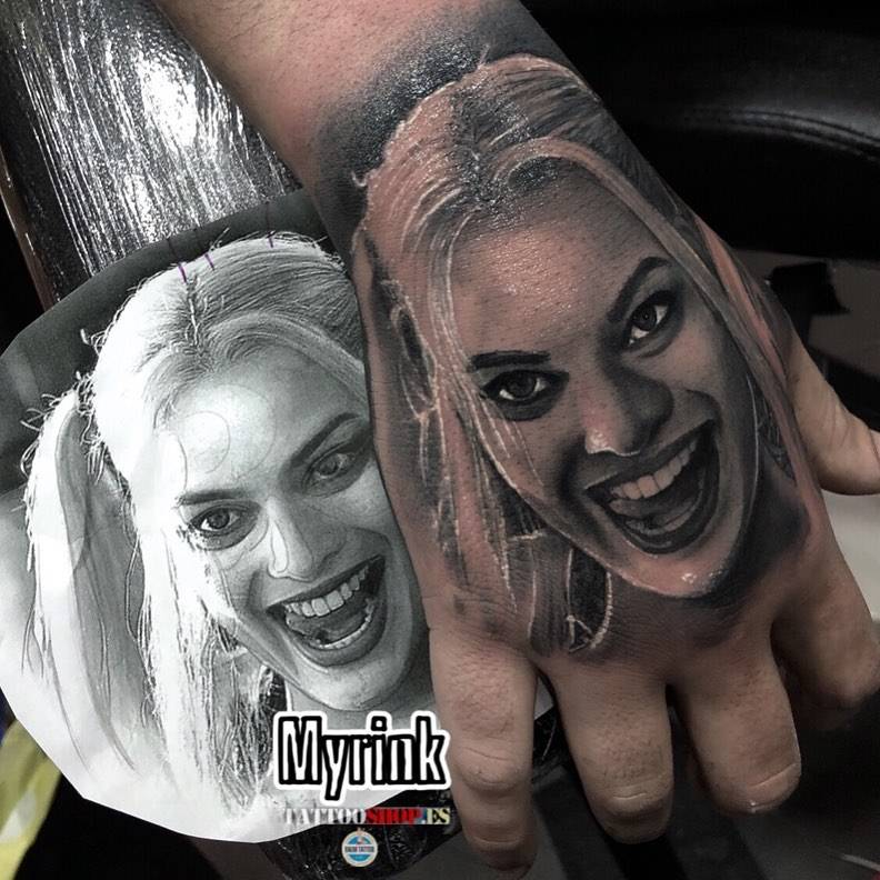 Black And Grey Harley Quinn Portrait Tattoo On The 792_x_792_jpg
