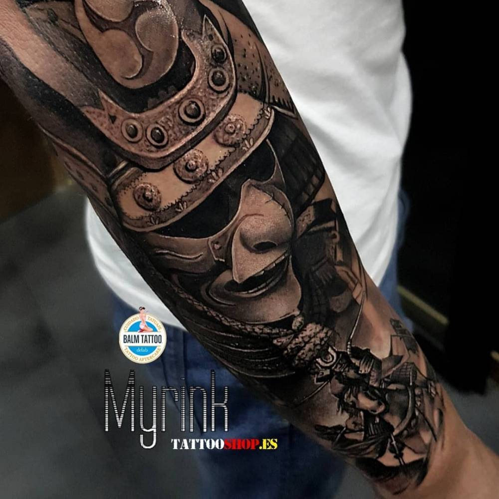 Black And Grey Samurai Portrait Tattoo On The Forearm. 1000_x_1000_jpg