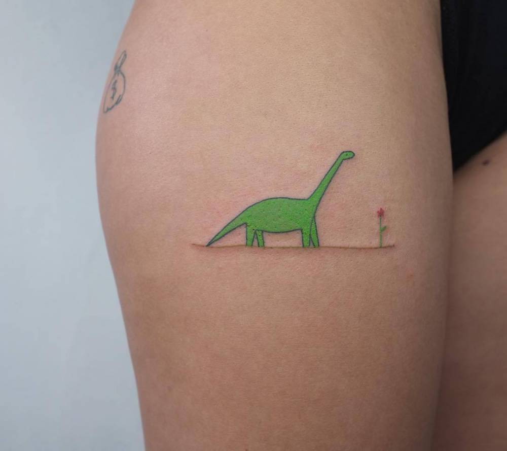 Brontosaurus Tattoo On The Right Thigh. 889_x_1000_jpg