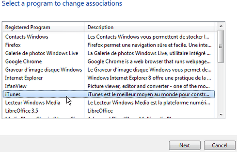 Liste des logiciels dans Default Programs Editor