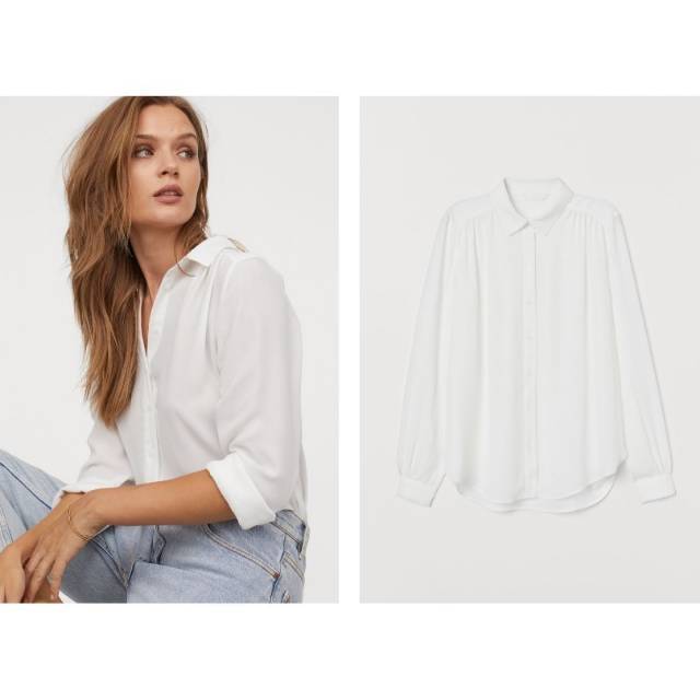 Oversized jacket + conscious oversized jacket in woven fabric with linen content. KEMEJA WANITA H*M WHITE STRIP WOMEN | Shopee Indonesia