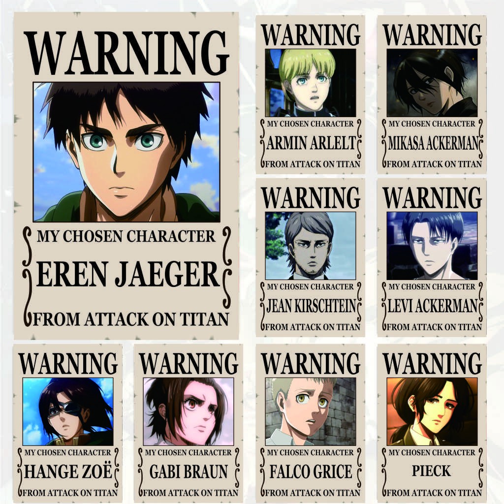 Poster Attack On Titan Warning Anime Levi Ackerman Mikasa Ackerman Eren  Jaeger Armin Arlelt-Size A4+ | Shopee Indonesia
