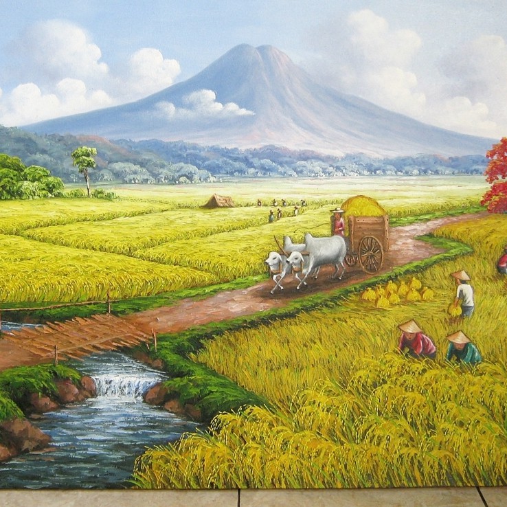Beli lukisan pemandangan kampung 60 x 80 cm terbaru di shopee. Jual Lukisan Pemandangan Alam Panen Padi Dengan Gunung Dan Gerobak Sapi Yang Indah Indonesia Shopee Indonesia