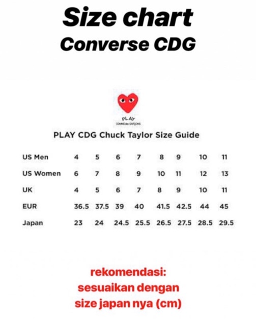 Numeric size size height (in.) chest (in.) waist (in.) hips (in.) 7: Converse X Cdg Size Chart Off 67