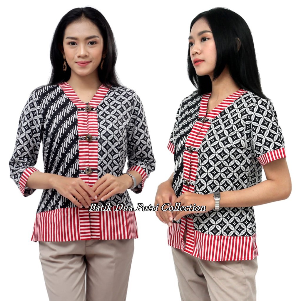 Batik Wanita Atasan Blouse Modern Trendy Warna Hitam Kombinasi Merah by  batik dua putri collection | Shopee Indonesia