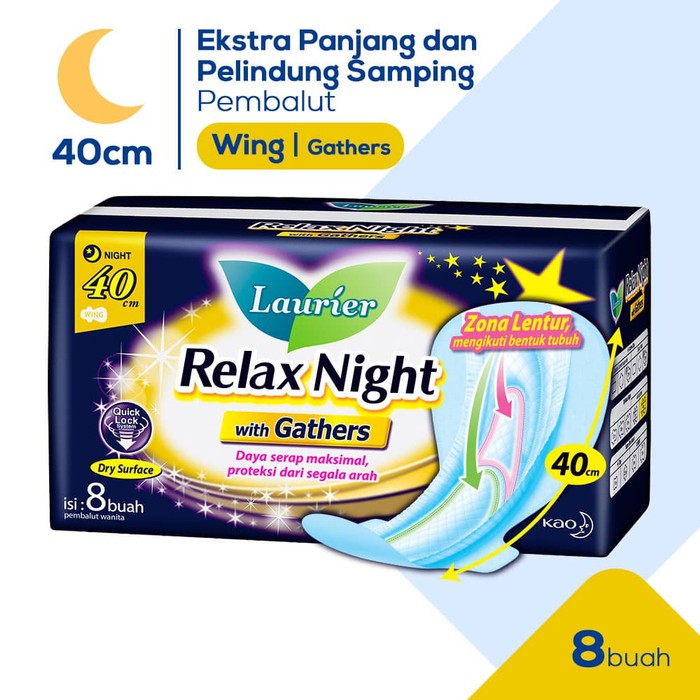 PEMBALUT LAURIER WING RELAX NIGHT WITH GATHERS 40 cm 8 pcs PANJANG / MALAM  | Shopee Indonesia