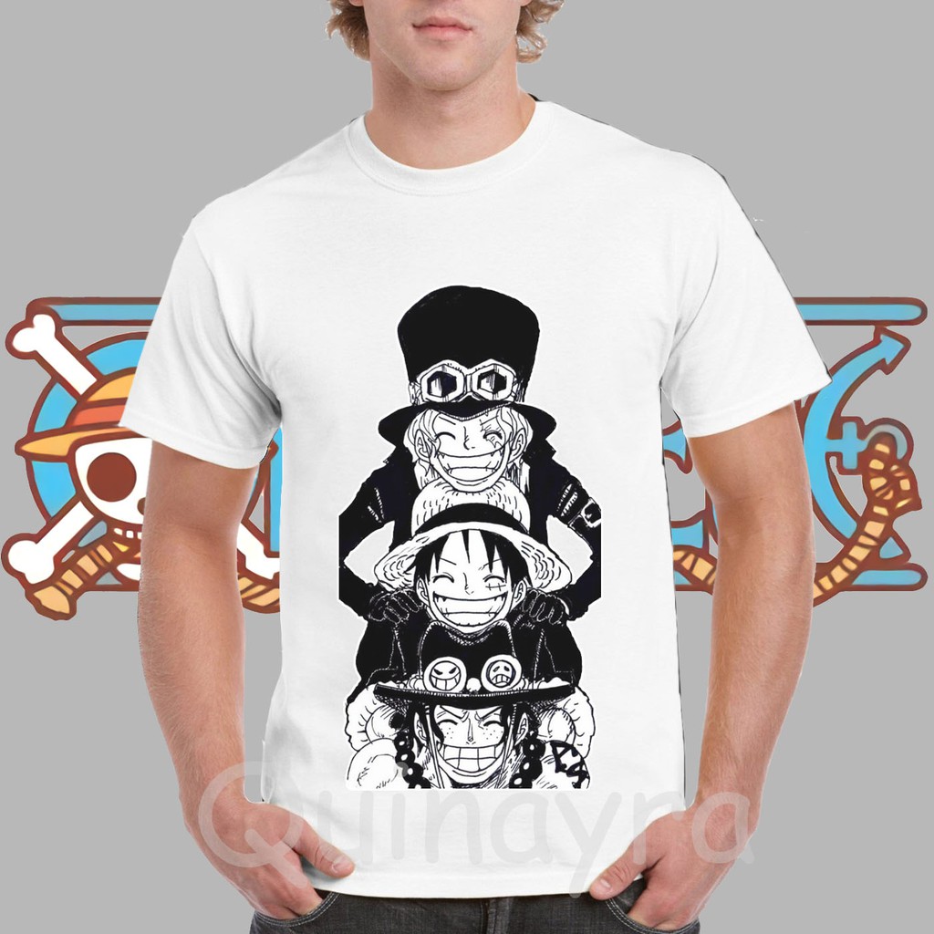 Kaos Distro Anime One Piece Black &amp; White Sabo, Luffy &amp; Ace Bahan Cotton  Combed 20s | Shopee Indonesia