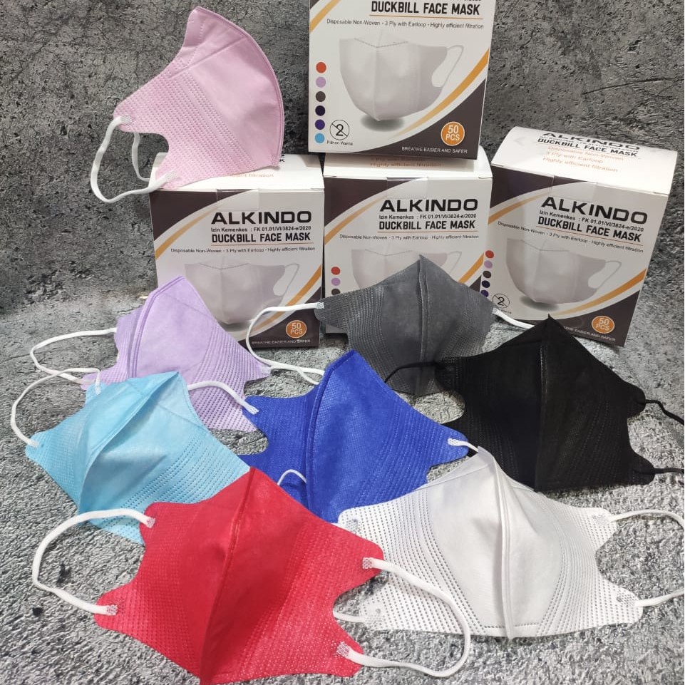 Ada varian merek silahkan konsultasi ke kami untuk yg terbaik. PER 1 BOX 50 PC - MASKER DUCKBILL ALKINDO GARIS PREMIUM