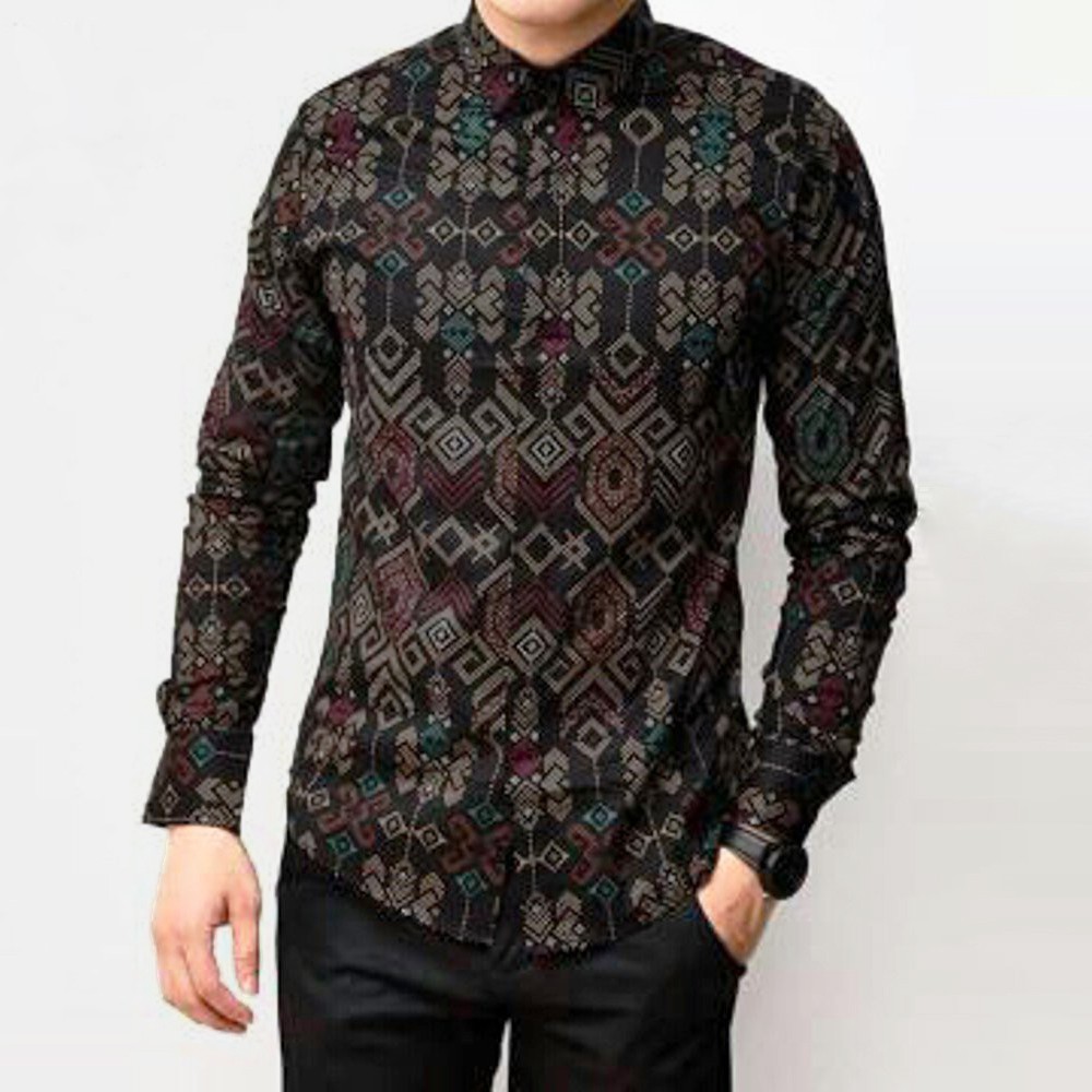 Jual Kemeja Pria Lengan Panjang Batik Songket Black Hitam Long Slimfit  Casual 3635 Indonesia|Shopee Indonesia