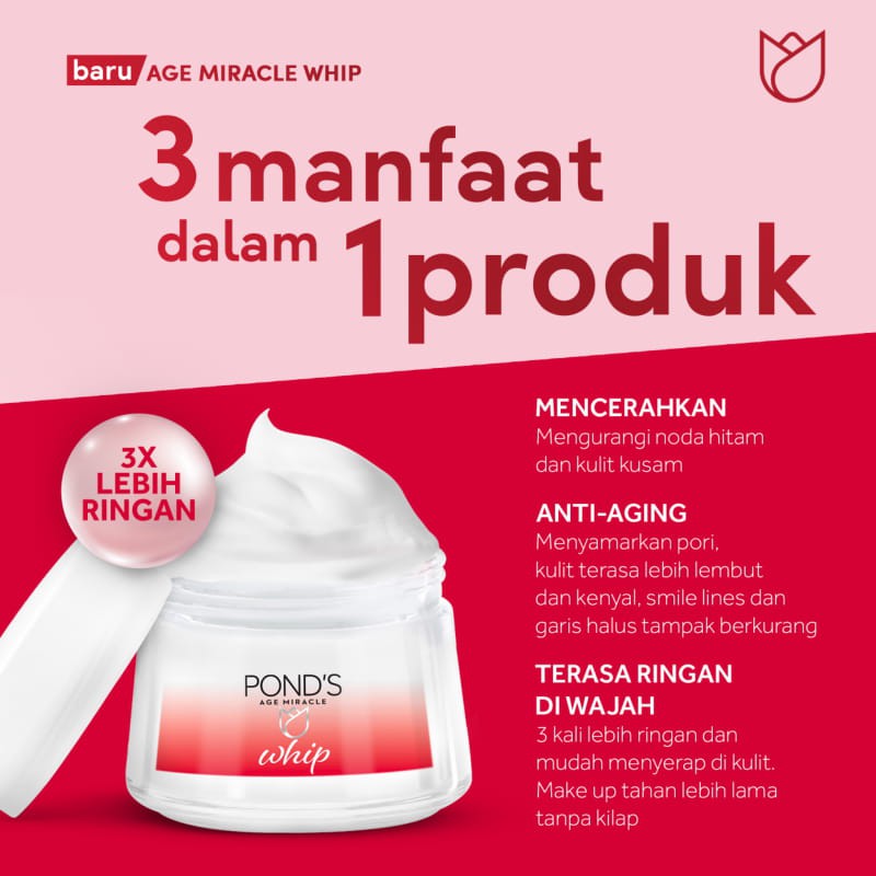 Jual Ponds Age Miracle Anti Aging+Glowing Whip Day Cream 20g with Retinol,  Niacinamide,Collagen Indonesia|Shopee Indonesia