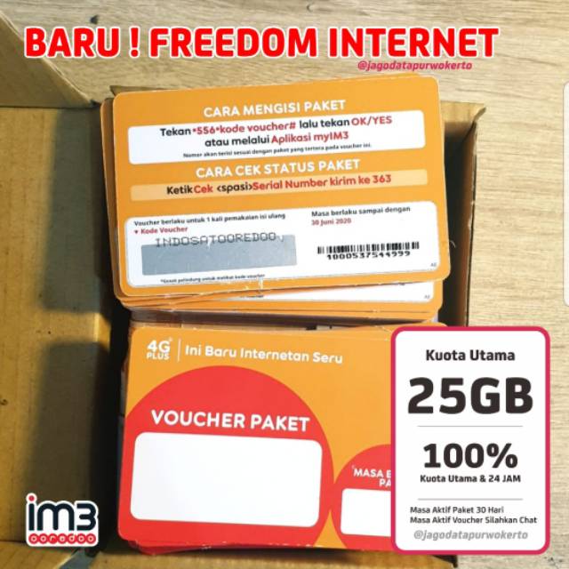 Beli voucher isi ulang kuota indosat freedom 6 gb + 5 menit nelpon all operator (aktif 1 bulan) terbaru di shopee. Paket Internet Indosat 25gb Terlengkap