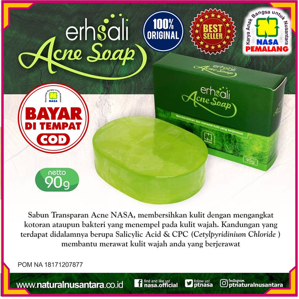 Perawatan jerawat • mengandung salicylic acid dan centella asiatica extract • bermanfaat untuk membantu menghilangkan jerawat dan bekas jerawat (bopeng) . Jual Sabun Erhsali Anti Acne Nasa Sabun Ampuh Menghilangkan Jerawat Original Produk Nasa Pemalang Indonesia Shopee Indonesia