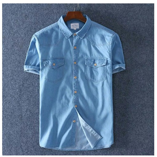kemeja terbaru | Baju kemeja PRIA Lengan pendek Bahan JEANS Tebal HALUS  BAGUS M L XL Kemeja Jeans | Shopee Indonesia